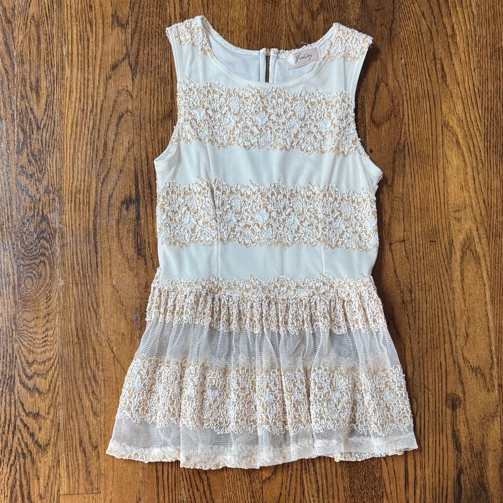 Freeway Elegant Lace Cream White Gold Tank Blouse with Sheer Bottom